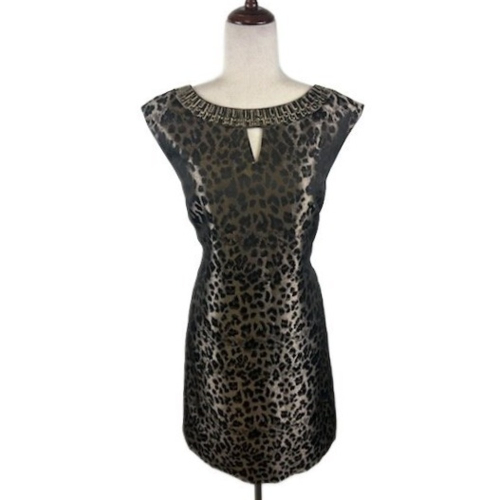 Tahari Arthur Levine Cocktail Dress‎ Women's Size 12 Leopard Beaded Sleeveless